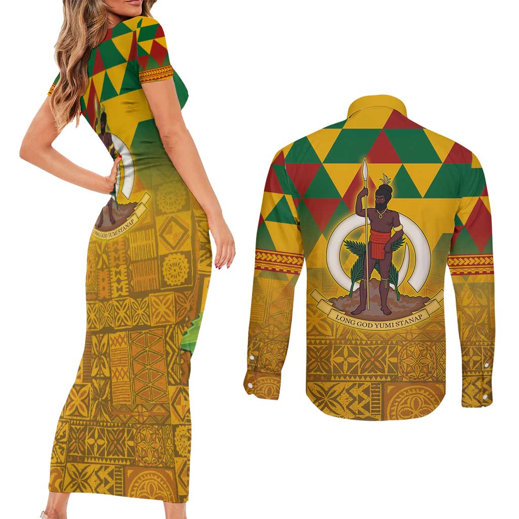 Melanesian Vanuatu Couples Matching Short Sleeve Bodycon Dress and Long Sleeve Button Shirt With Tapa Tribal Pattern and Triangle Geometric Tricolor LT03 - Polynesian Pride