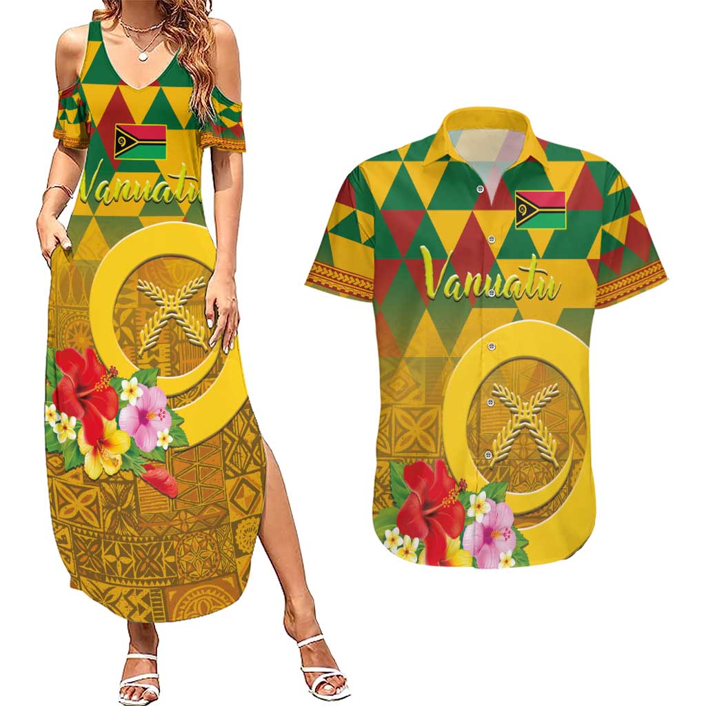 Melanesian Vanuatu Couples Matching Summer Maxi Dress and Hawaiian Shirt With Tapa Tribal Pattern and Triangle Geometric Tricolor LT03 Yellow - Polynesian Pride