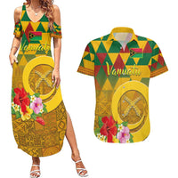 Melanesian Vanuatu Couples Matching Summer Maxi Dress and Hawaiian Shirt With Tapa Tribal Pattern and Triangle Geometric Tricolor LT03 Yellow - Polynesian Pride