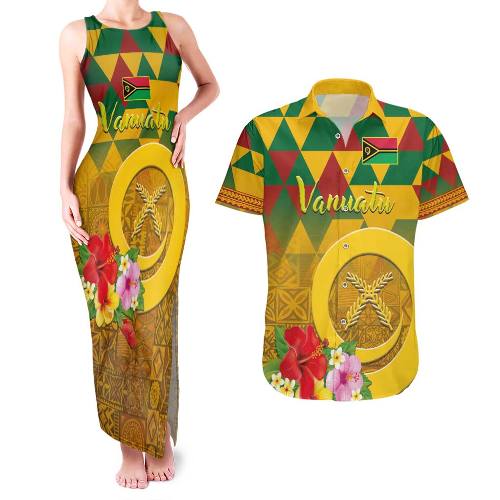 Melanesian Vanuatu Couples Matching Tank Maxi Dress and Hawaiian Shirt With Tapa Tribal Pattern and Triangle Geometric Tricolor LT03 Yellow - Polynesian Pride