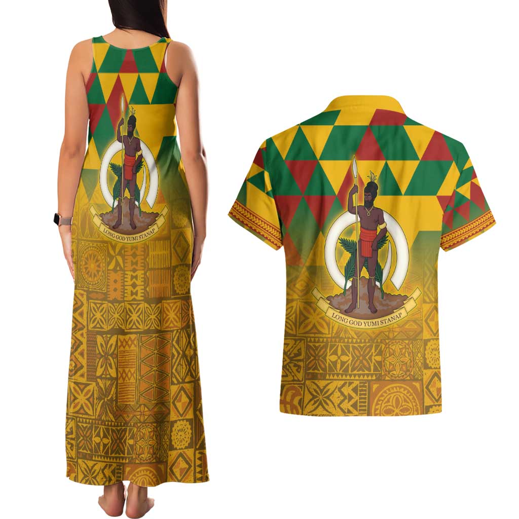 Melanesian Vanuatu Couples Matching Tank Maxi Dress and Hawaiian Shirt With Tapa Tribal Pattern and Triangle Geometric Tricolor LT03 - Polynesian Pride