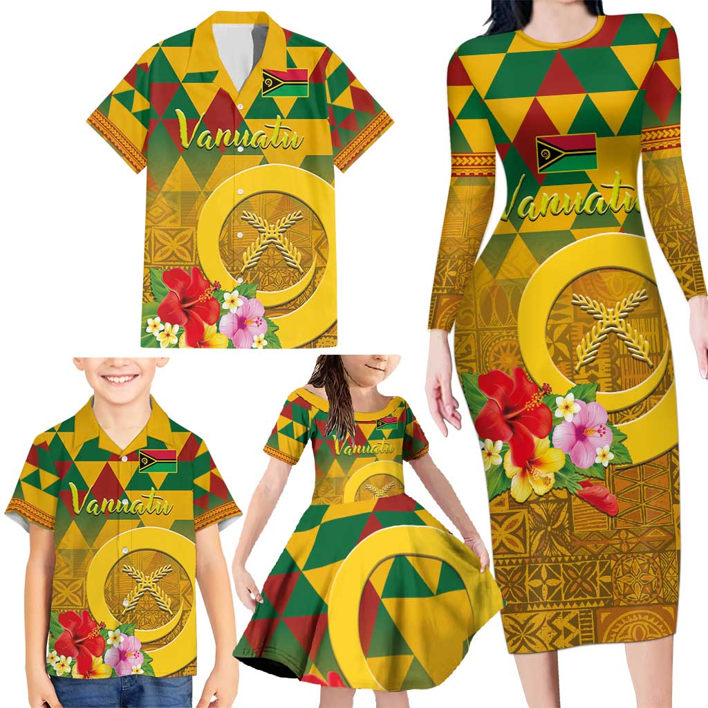 Melanesian Vanuatu Family Matching Long Sleeve Bodycon Dress and Hawaiian Shirt With Tapa Tribal Pattern and Triangle Geometric Tricolor LT03 - Polynesian Pride
