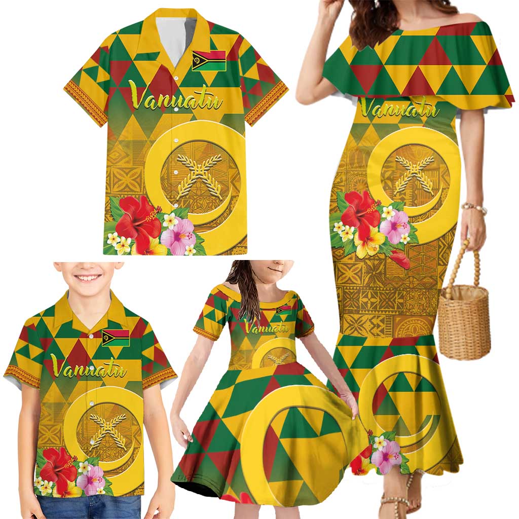 Melanesian Vanuatu Family Matching Mermaid Dress and Hawaiian Shirt With Tapa Tribal Pattern and Triangle Geometric Tricolor LT03 - Polynesian Pride