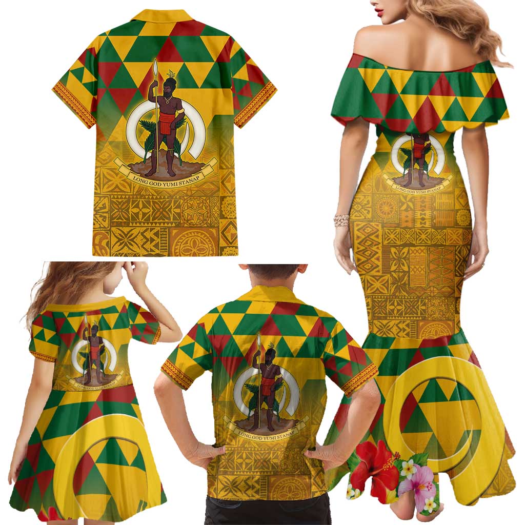 Melanesian Vanuatu Family Matching Mermaid Dress and Hawaiian Shirt With Tapa Tribal Pattern and Triangle Geometric Tricolor LT03 - Polynesian Pride