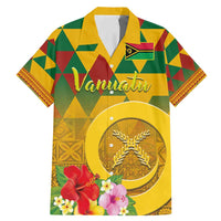 Melanesian Vanuatu Family Matching Mermaid Dress and Hawaiian Shirt With Tapa Tribal Pattern and Triangle Geometric Tricolor LT03 Dad's Shirt - Short Sleeve Yellow - Polynesian Pride