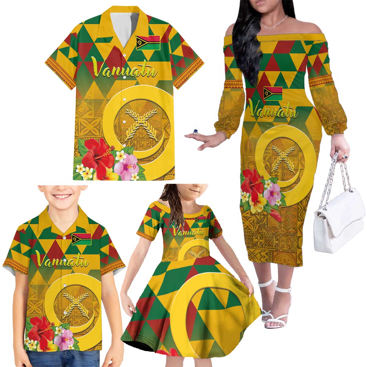 Melanesian Vanuatu Family Matching Off The Shoulder Long Sleeve Dress and Hawaiian Shirt With Tapa Tribal Pattern and Triangle Geometric Tricolor LT03 - Polynesian Pride