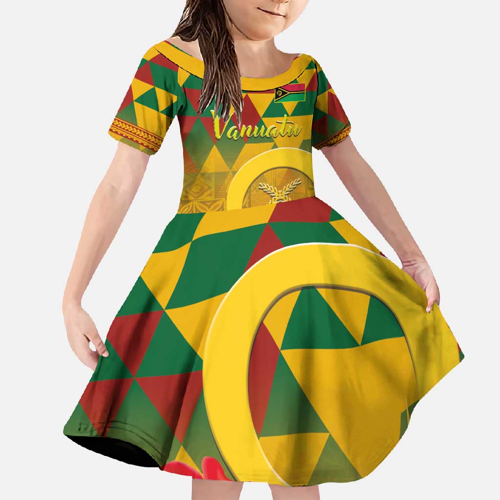 Melanesian Vanuatu Family Matching Off Shoulder Maxi Dress and Hawaiian Shirt With Tapa Tribal Pattern and Triangle Geometric Tricolor LT03 Daughter's Dress Yellow - Polynesian Pride