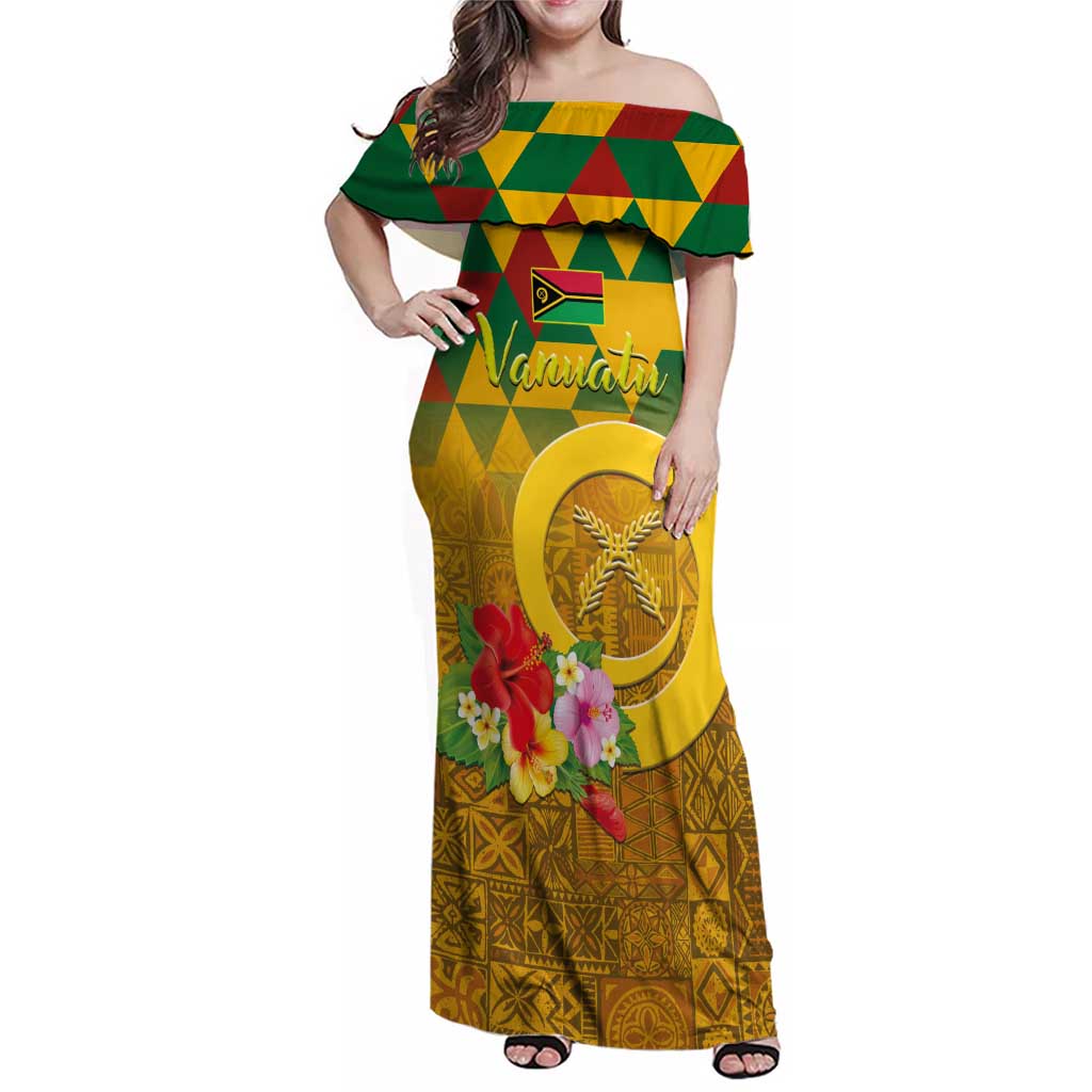 Melanesian Vanuatu Family Matching Off Shoulder Maxi Dress and Hawaiian Shirt With Tapa Tribal Pattern and Triangle Geometric Tricolor LT03 Mom's Dress Yellow - Polynesian Pride
