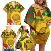 Melanesian Vanuatu Family Matching Off Shoulder Short Dress and Hawaiian Shirt With Tapa Tribal Pattern and Triangle Geometric Tricolor LT03 - Polynesian Pride