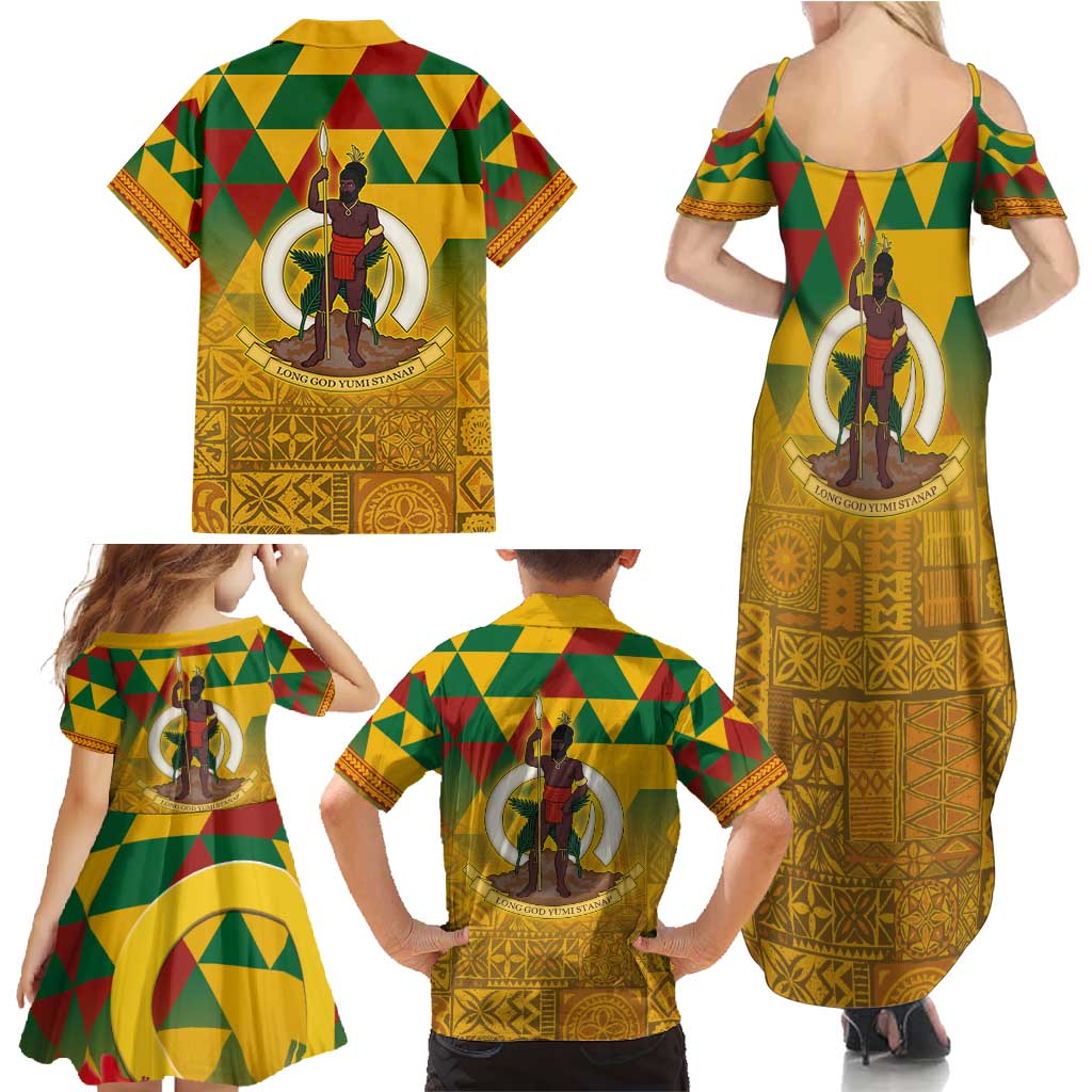 Melanesian Vanuatu Family Matching Summer Maxi Dress and Hawaiian Shirt With Tapa Tribal Pattern and Triangle Geometric Tricolor LT03 - Polynesian Pride