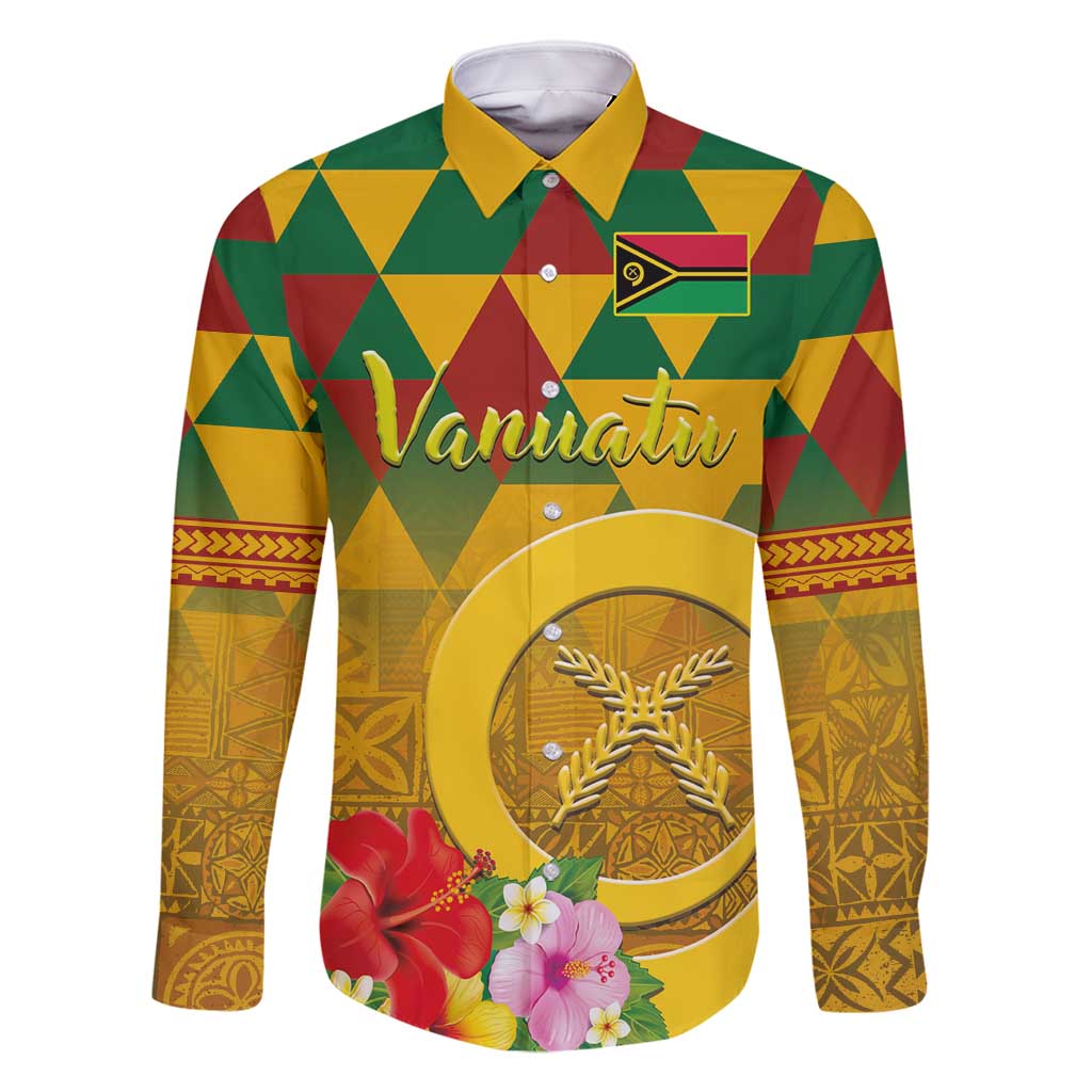 Melanesian Vanuatu Family Matching Summer Maxi Dress and Hawaiian Shirt With Tapa Tribal Pattern and Triangle Geometric Tricolor LT03 Dad's Shirt - Long Sleeve Yellow - Polynesian Pride