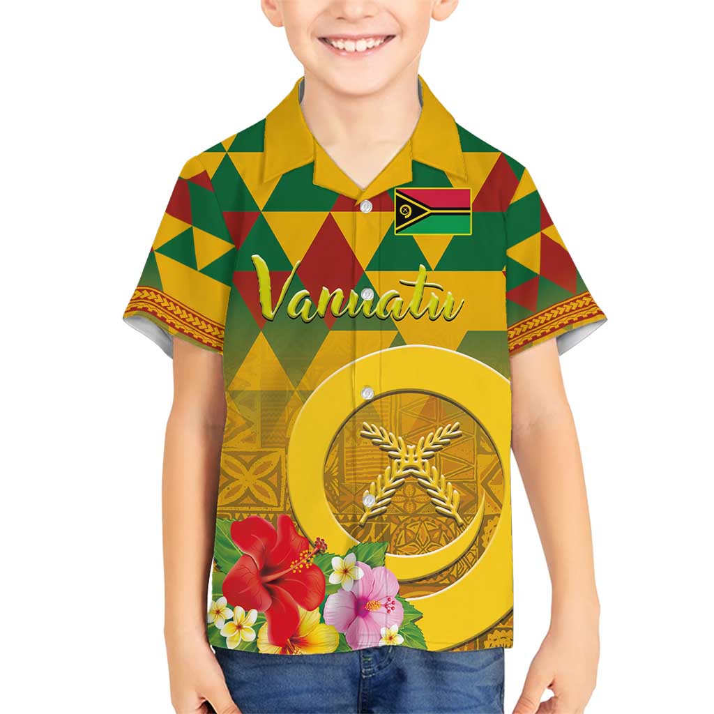 Melanesian Vanuatu Family Matching Summer Maxi Dress and Hawaiian Shirt With Tapa Tribal Pattern and Triangle Geometric Tricolor LT03 Son's Shirt Yellow - Polynesian Pride