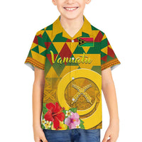 Melanesian Vanuatu Family Matching Summer Maxi Dress and Hawaiian Shirt With Tapa Tribal Pattern and Triangle Geometric Tricolor LT03 Son's Shirt Yellow - Polynesian Pride