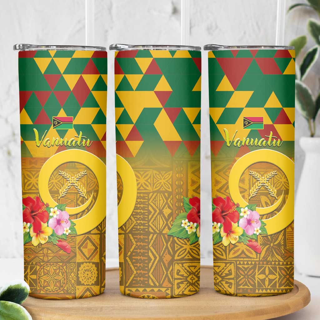 Melanesian Vanuatu Skinny Tumbler With Tapa Tribal Pattern and Triangle Geometric Tricolor LT03 - Polynesian Pride