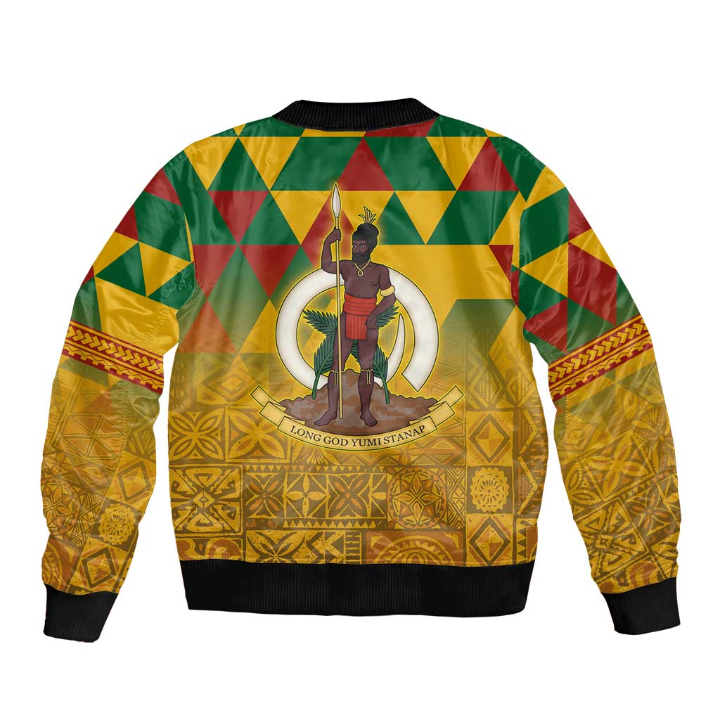 Melanesian Vanuatu Sleeve Zip Bomber Jacket With Tapa Tribal Pattern and Triangle Geometric Tricolor - Polynesian Pride