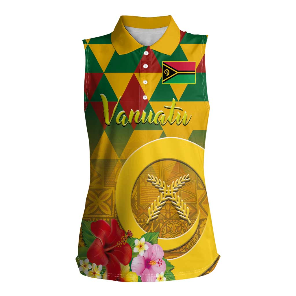 Melanesian Vanuatu Women Sleeveless Polo Shirt With Tapa Tribal Pattern and Triangle Geometric Tricolor LT03 Female Yellow - Polynesian Pride