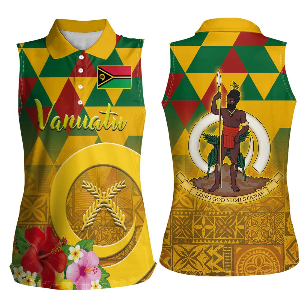 Melanesian Vanuatu Women Sleeveless Polo Shirt With Tapa Tribal Pattern and Triangle Geometric Tricolor LT03 - Polynesian Pride
