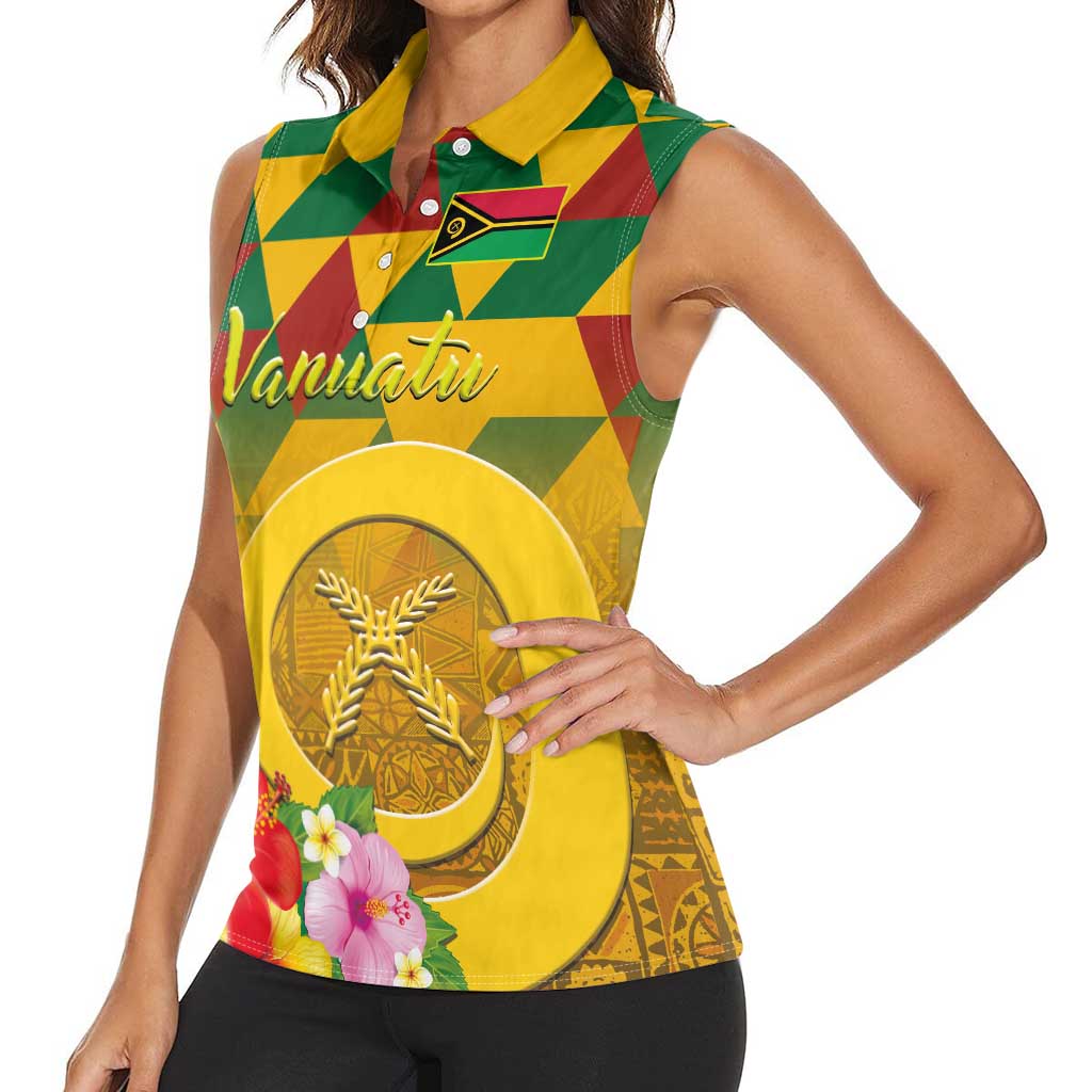 Melanesian Vanuatu Women Sleeveless Polo Shirt With Tapa Tribal Pattern and Triangle Geometric Tricolor LT03 - Polynesian Pride