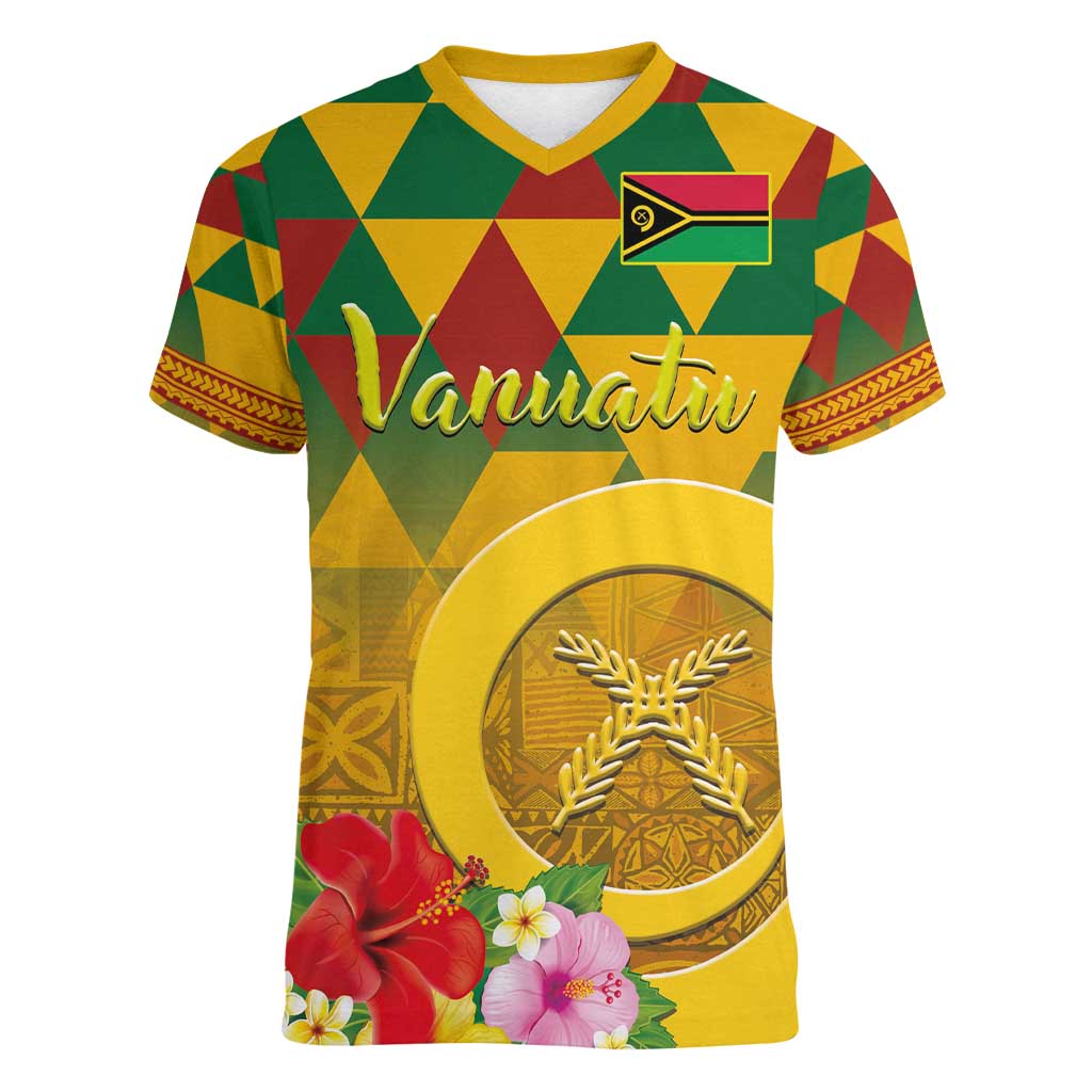 Melanesian Vanuatu Women V-Neck T-Shirt With Tapa Tribal Pattern and Triangle Geometric Tricolor LT03 Female Yellow - Polynesian Pride
