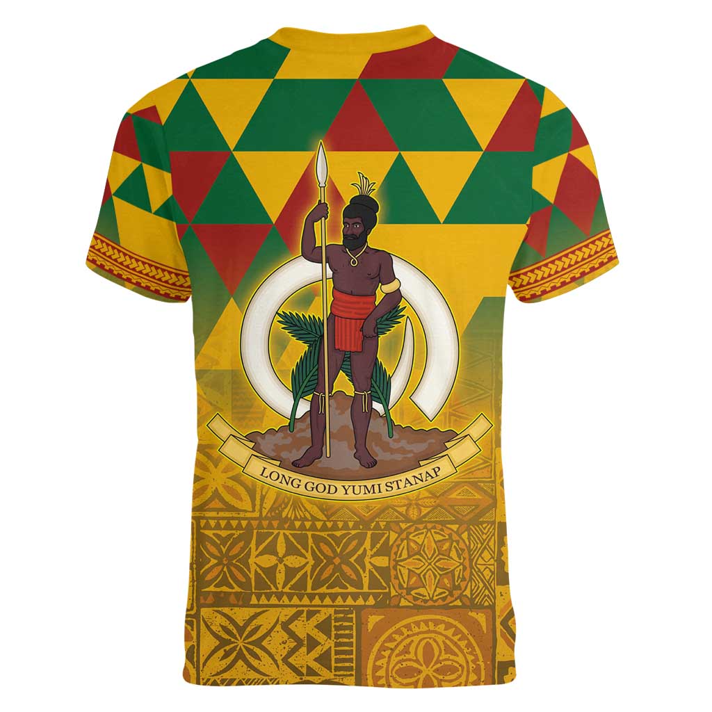 Melanesian Vanuatu Women V-Neck T-Shirt With Tapa Tribal Pattern and Triangle Geometric Tricolor LT03 - Polynesian Pride