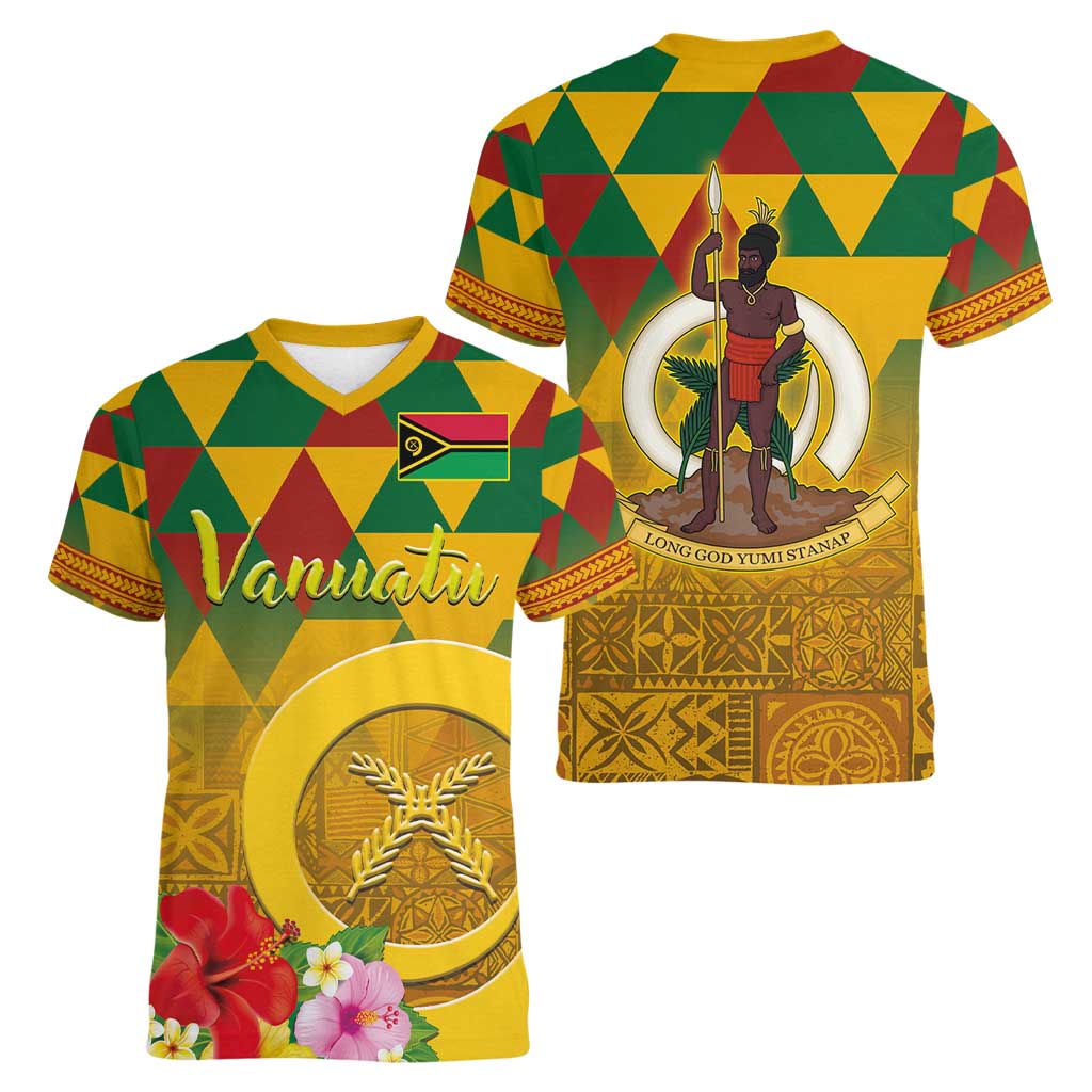 Melanesian Vanuatu Women V-Neck T-Shirt With Tapa Tribal Pattern and Triangle Geometric Tricolor LT03 - Polynesian Pride