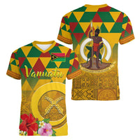 Melanesian Vanuatu Women V-Neck T-Shirt With Tapa Tribal Pattern and Triangle Geometric Tricolor LT03 - Polynesian Pride