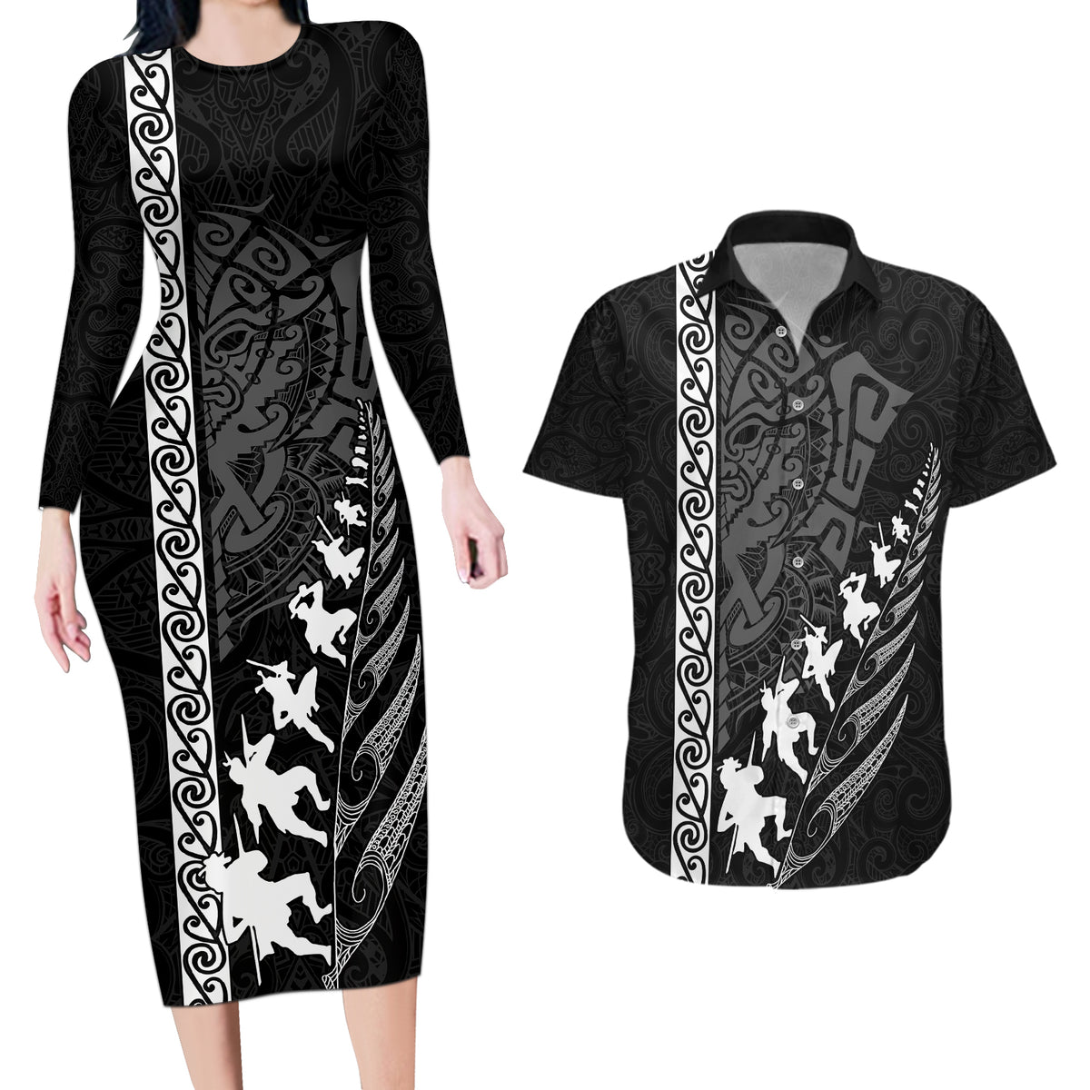 New Zealand Rugby Couples Matching Long Sleeve Bodycon Dress and Hawaiian Shirt Haka Dance Tribal God Mask Maori Pattern LT03 Black - Polynesian Pride