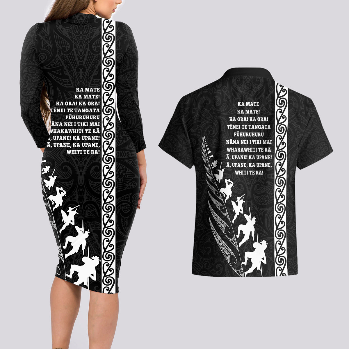 New Zealand Rugby Couples Matching Long Sleeve Bodycon Dress and Hawaiian Shirt Haka Dance Tribal God Mask Maori Pattern LT03 - Polynesian Pride