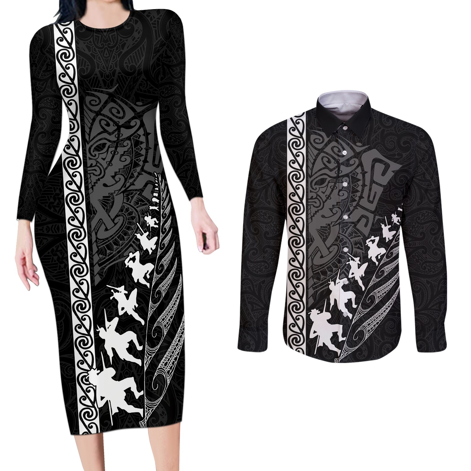 New Zealand Rugby Couples Matching Long Sleeve Bodycon Dress and Long Sleeve Button Shirts Haka Dance Tribal God Mask Maori Pattern LT03 Black - Polynesian Pride
