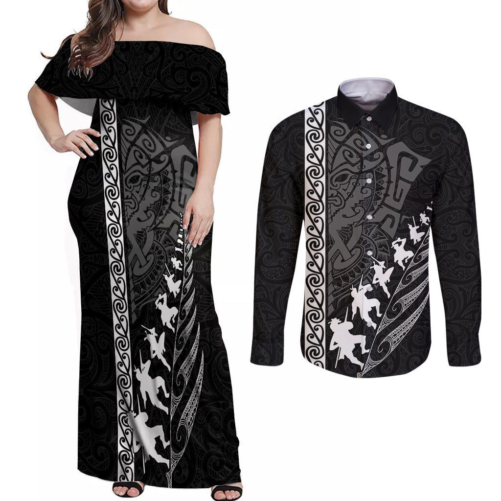 New Zealand Rugby Couples Matching Off Shoulder Maxi Dress and Long Sleeve Button Shirts Haka Dance Tribal God Mask Maori Pattern LT03 Black - Polynesian Pride