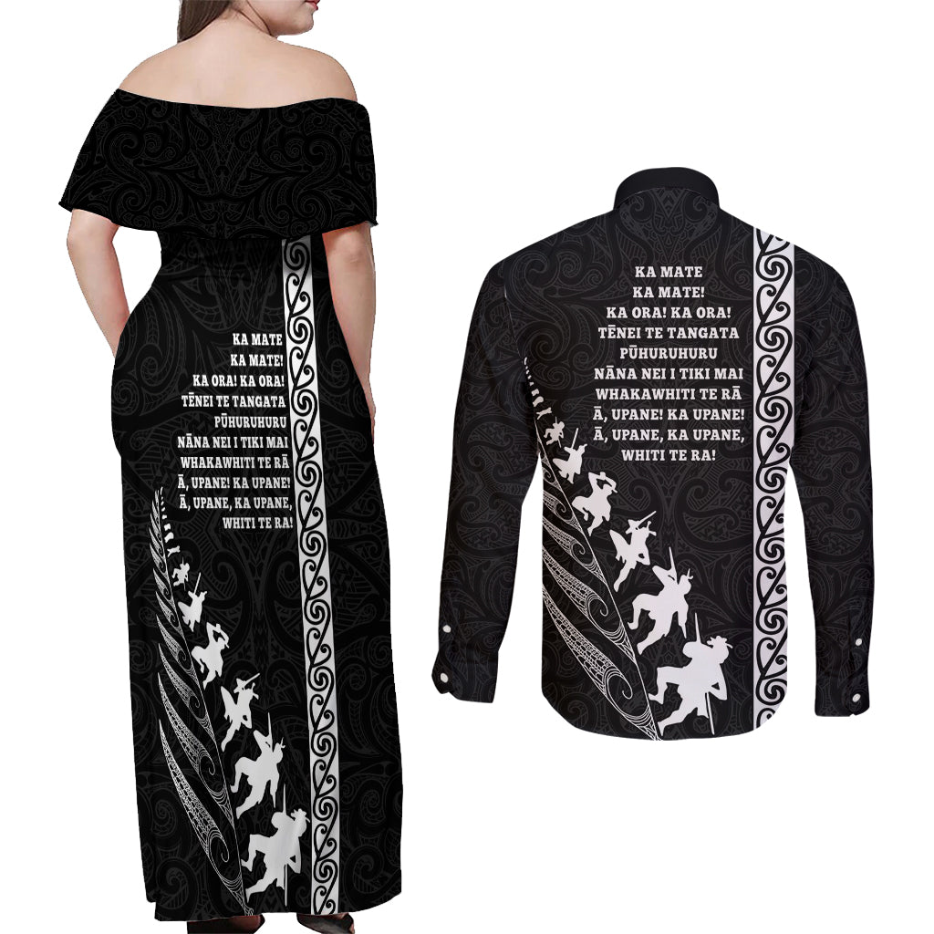 New Zealand Rugby Couples Matching Off Shoulder Maxi Dress and Long Sleeve Button Shirts Haka Dance Tribal God Mask Maori Pattern LT03 - Polynesian Pride