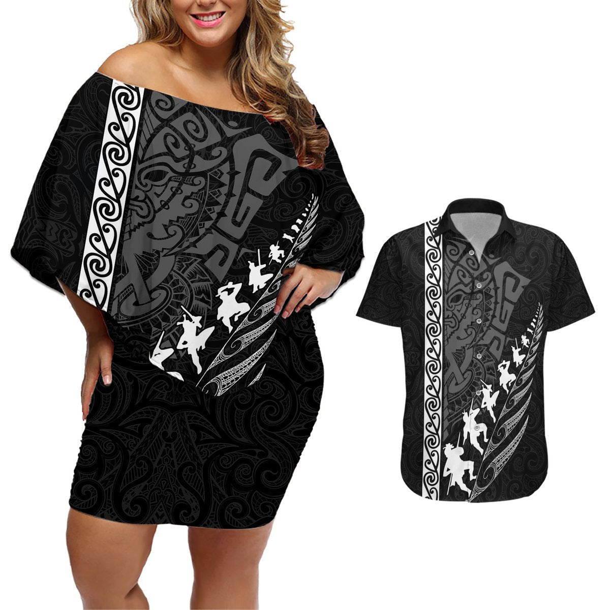 New Zealand Rugby Couples Matching Off Shoulder Short Dress and Hawaiian Shirt Haka Dance Tribal God Mask Maori Pattern LT03 Black - Polynesian Pride