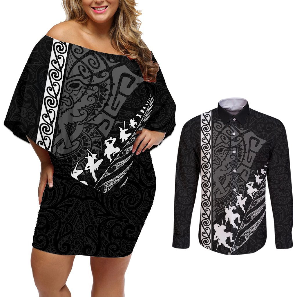 New Zealand Rugby Couples Matching Off Shoulder Short Dress and Long Sleeve Button Shirts Haka Dance Tribal God Mask Maori Pattern LT03 Black - Polynesian Pride