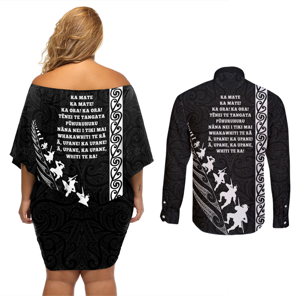New Zealand Rugby Couples Matching Off Shoulder Short Dress and Long Sleeve Button Shirts Haka Dance Tribal God Mask Maori Pattern LT03 - Polynesian Pride