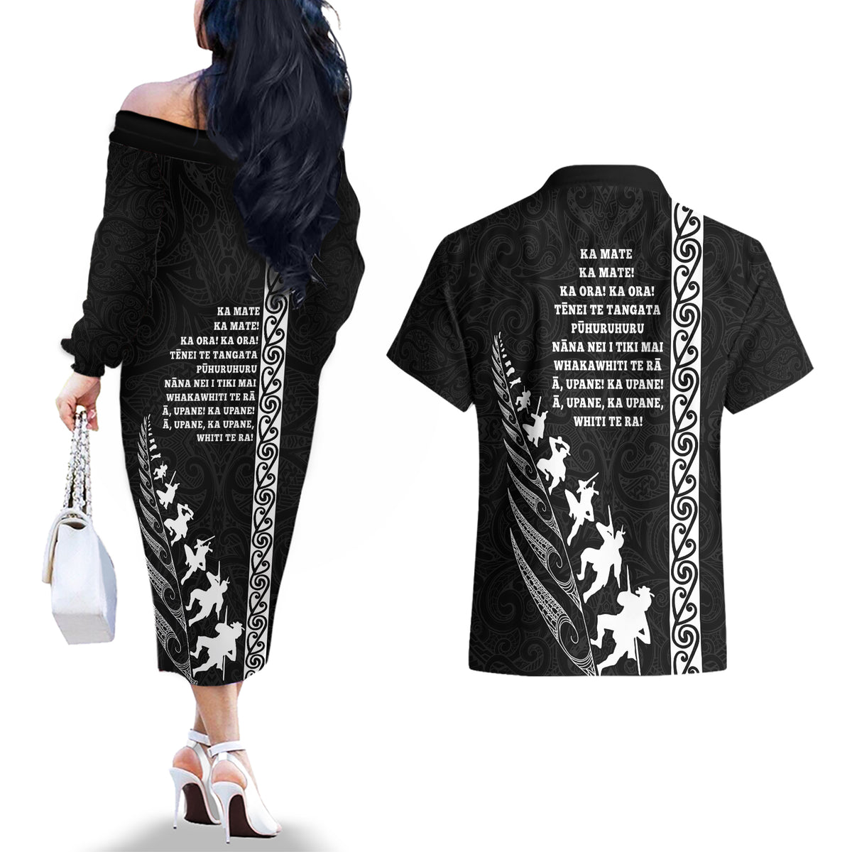 New Zealand Rugby Couples Matching Off The Shoulder Long Sleeve Dress and Hawaiian Shirt Haka Dance Tribal God Mask Maori Pattern LT03 - Polynesian Pride