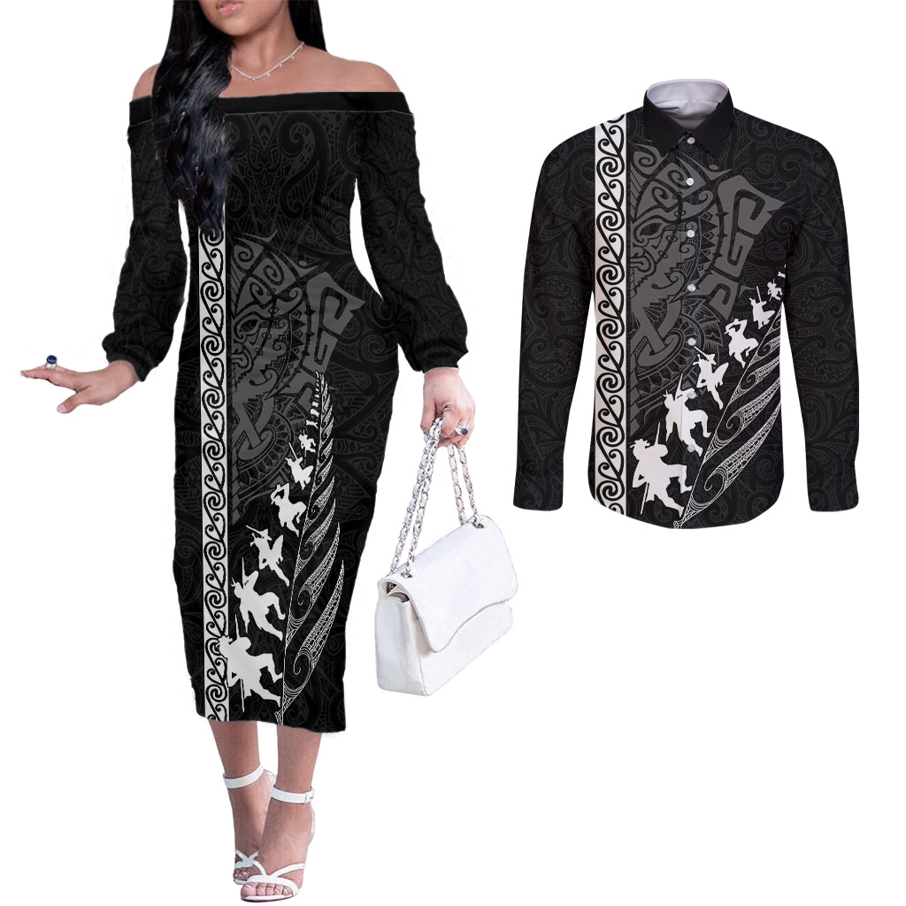 New Zealand Rugby Couples Matching Off The Shoulder Long Sleeve Dress and Long Sleeve Button Shirts Haka Dance Tribal God Mask Maori Pattern LT03 Black - Polynesian Pride