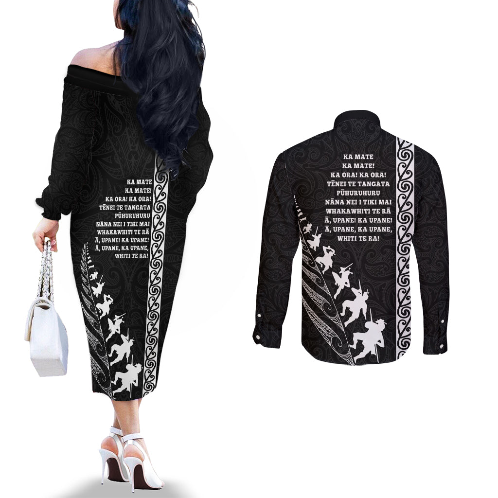 New Zealand Rugby Couples Matching Off The Shoulder Long Sleeve Dress and Long Sleeve Button Shirts Haka Dance Tribal God Mask Maori Pattern LT03 - Polynesian Pride