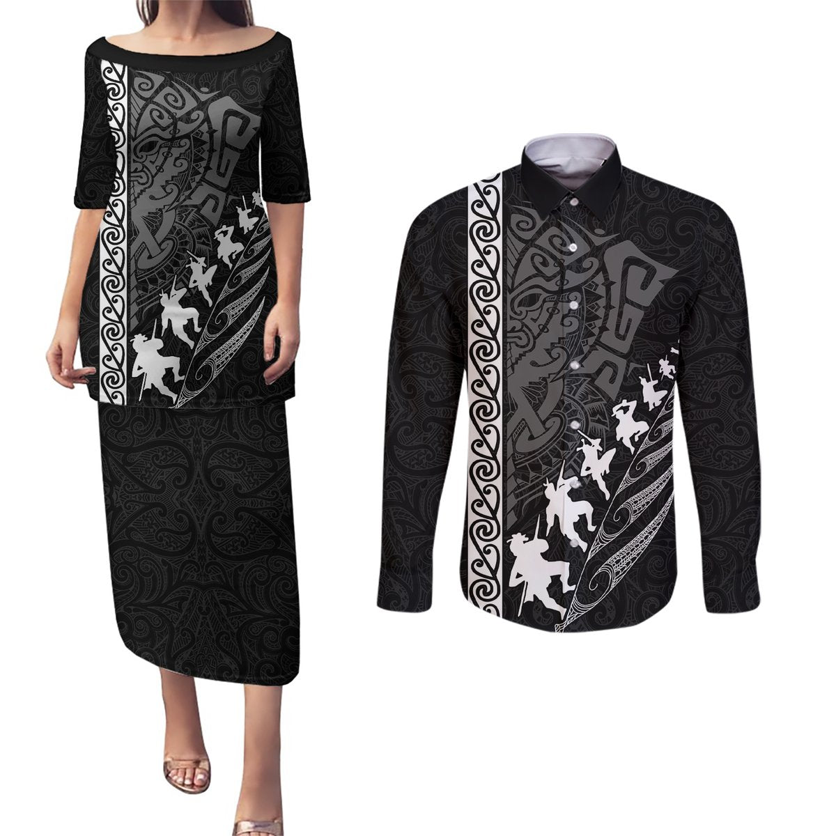New Zealand Rugby Couples Matching Puletasi Dress and Long Sleeve Button Shirts Haka Dance Tribal God Mask Maori Pattern LT03 Black - Polynesian Pride