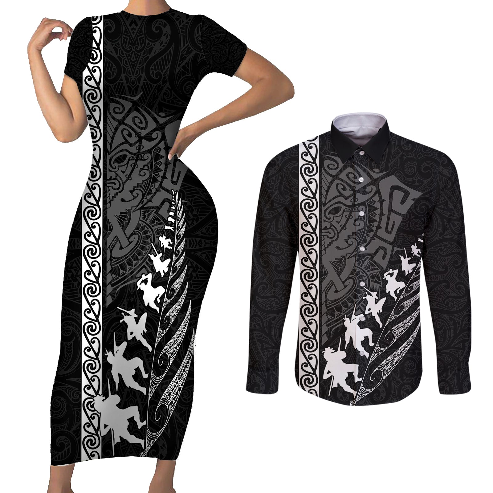 New Zealand Rugby Couples Matching Short Sleeve Bodycon Dress and Long Sleeve Button Shirts Haka Dance Tribal God Mask Maori Pattern LT03 Black - Polynesian Pride