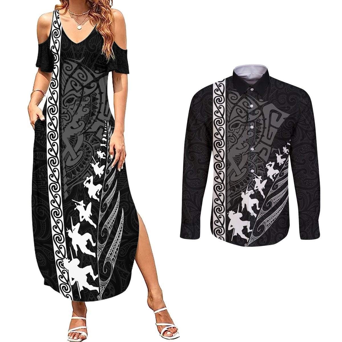 New Zealand Rugby Couples Matching Summer Maxi Dress and Long Sleeve Button Shirts Haka Dance Tribal God Mask Maori Pattern LT03 Black - Polynesian Pride