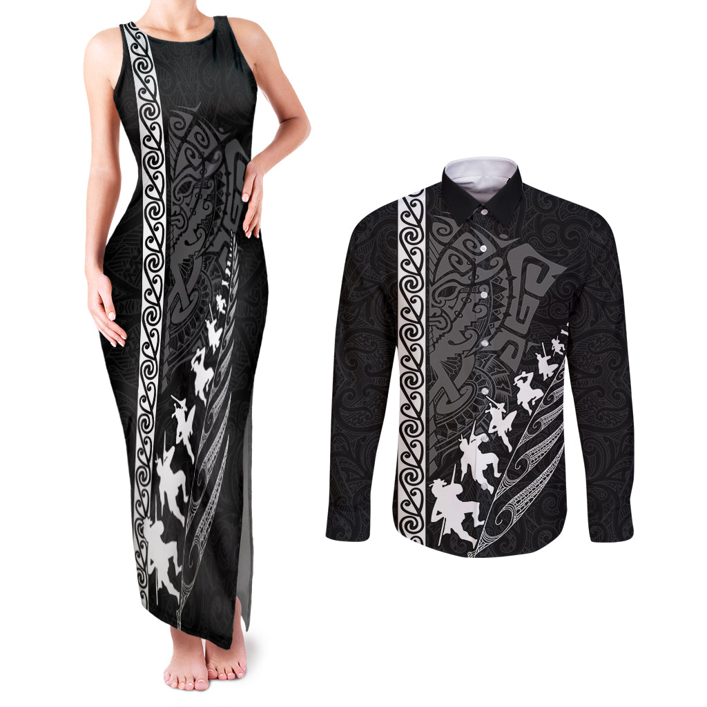 New Zealand Rugby Couples Matching Tank Maxi Dress and Long Sleeve Button Shirts Haka Dance Tribal God Mask Maori Pattern LT03 Black - Polynesian Pride
