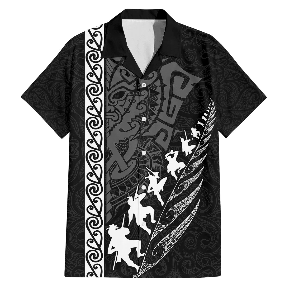 New Zealand Rugby Family Matching Mermaid Dress and Hawaiian Shirt Haka Dance Tribal God Mask Maori Pattern LT03 Dad's Shirt - Short Sleeve Black - Polynesian Pride