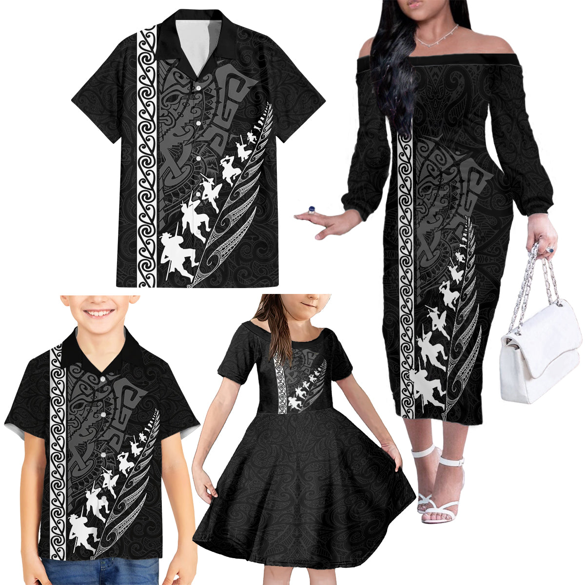 New Zealand Rugby Family Matching Off Shoulder Long Sleeve Dress and Hawaiian Shirt Haka Dance Tribal God Mask Maori Pattern LT03 - Polynesian Pride