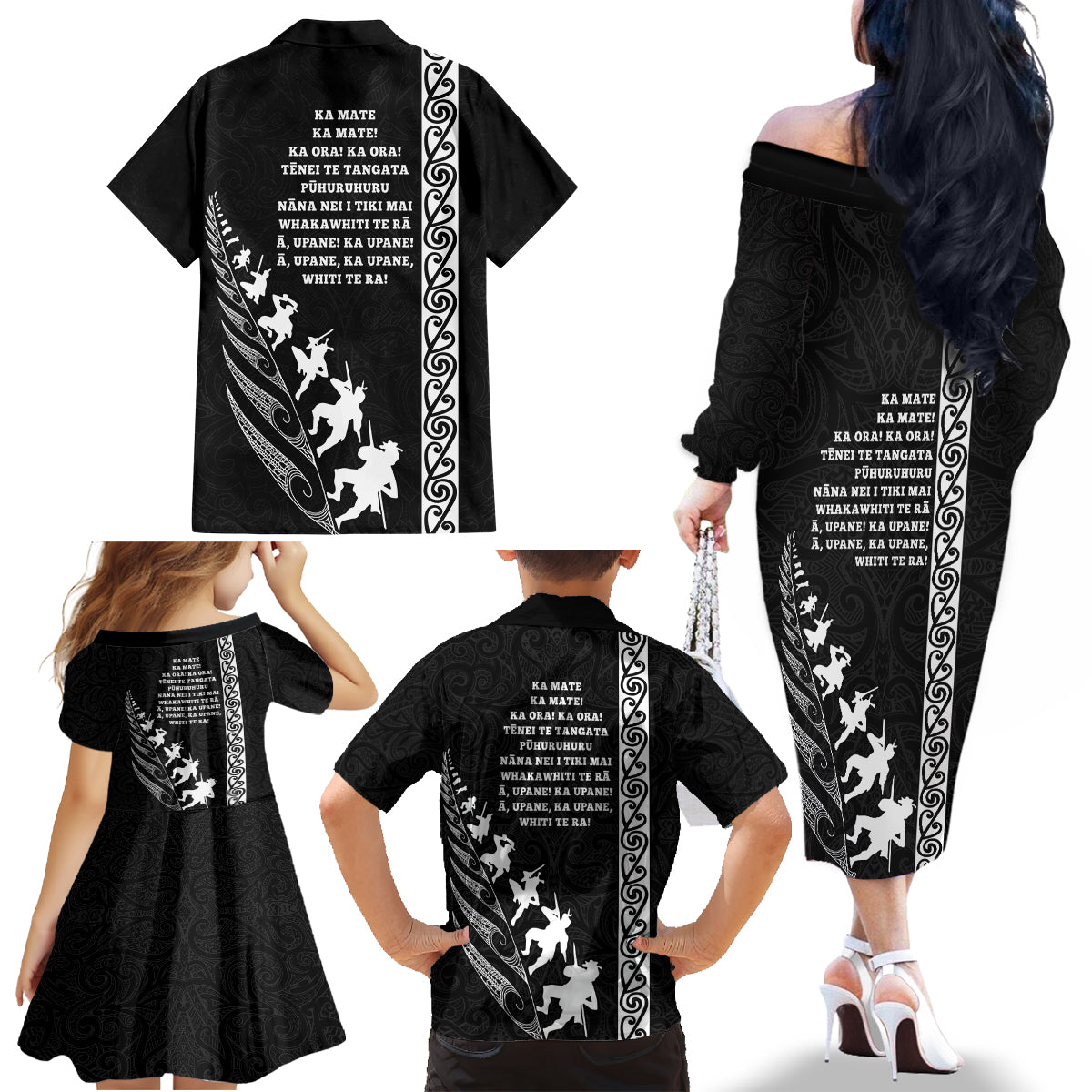 New Zealand Rugby Family Matching Off Shoulder Long Sleeve Dress and Hawaiian Shirt Haka Dance Tribal God Mask Maori Pattern LT03 - Polynesian Pride
