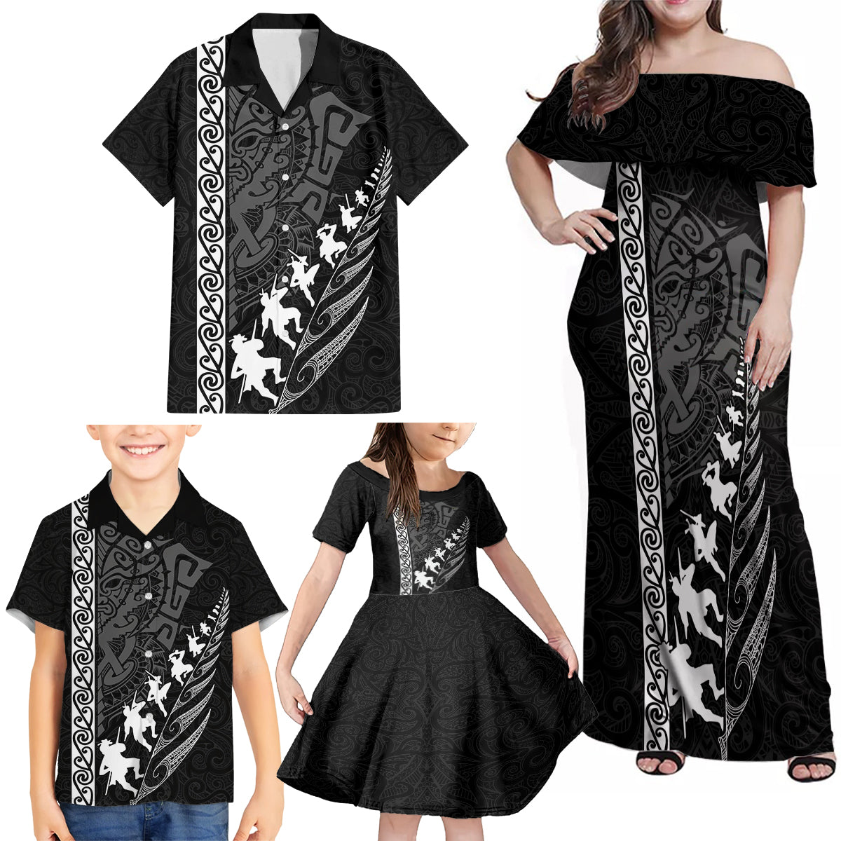 New Zealand Rugby Family Matching Off Shoulder Maxi Dress and Hawaiian Shirt Haka Dance Tribal God Mask Maori Pattern LT03 - Polynesian Pride