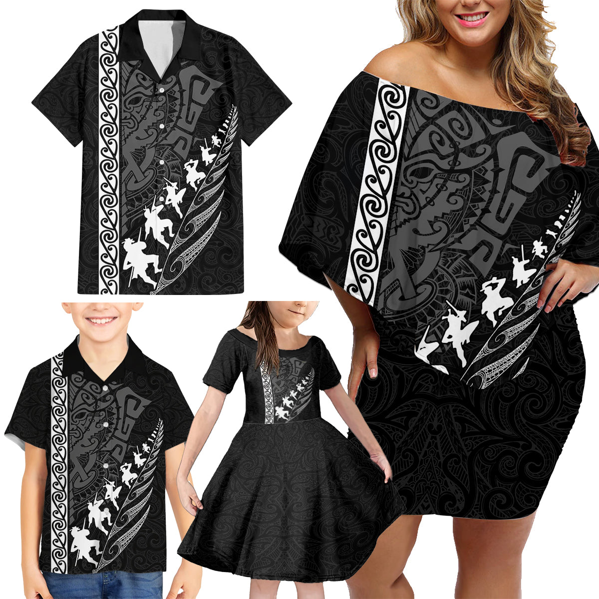 New Zealand Rugby Family Matching Off Shoulder Short Dress and Hawaiian Shirt Haka Dance Tribal God Mask Maori Pattern LT03 - Polynesian Pride