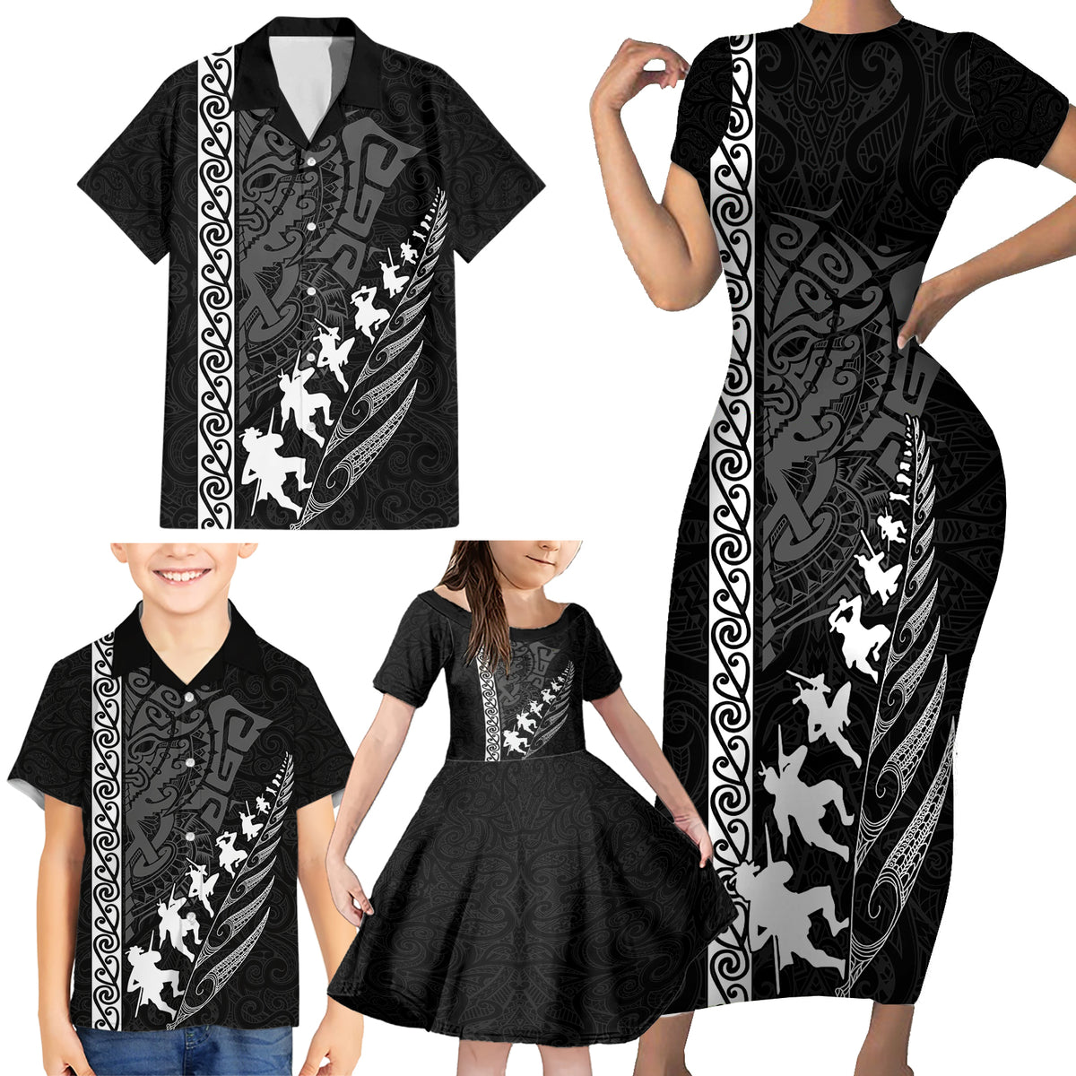New Zealand Rugby Family Matching Short Sleeve Bodycon Dress and Hawaiian Shirt Haka Dance Tribal God Mask Maori Pattern LT03 - Polynesian Pride