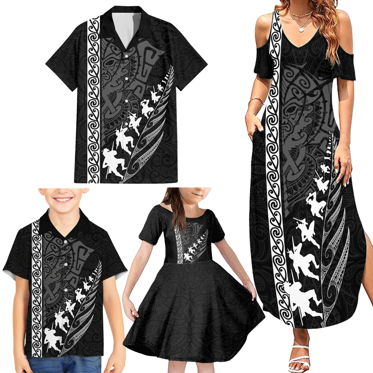 New Zealand Rugby Family Matching Summer Maxi Dress and Hawaiian Shirt Haka Dance Tribal God Mask Maori Pattern LT03 - Polynesian Pride