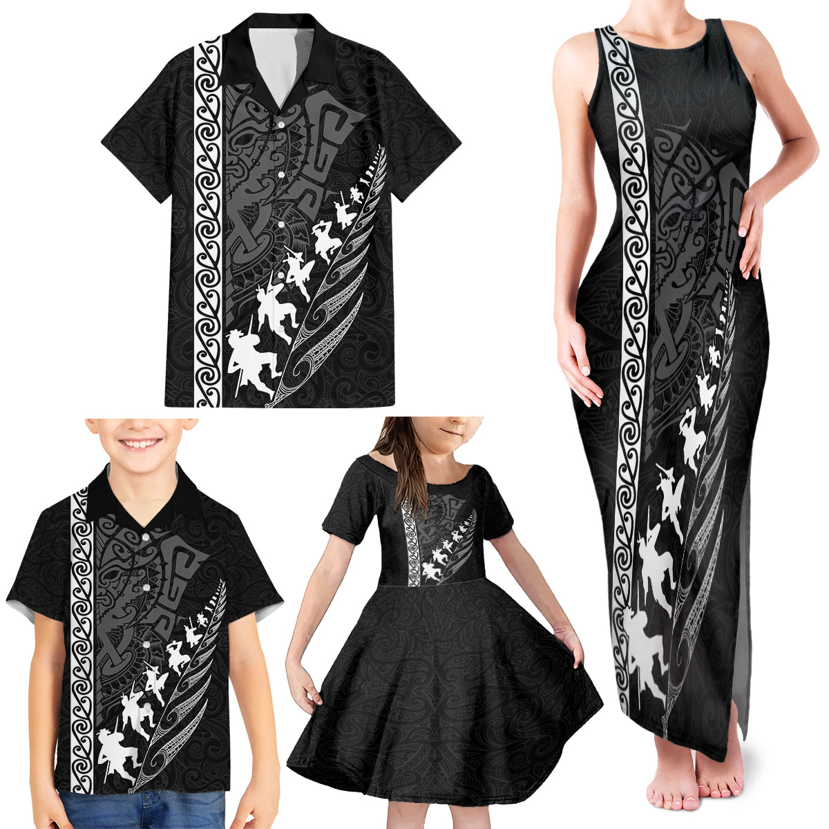 New Zealand Rugby Family Matching Tank Maxi Dress and Hawaiian Shirt Haka Dance Tribal God Mask Maori Pattern LT03 - Polynesian Pride