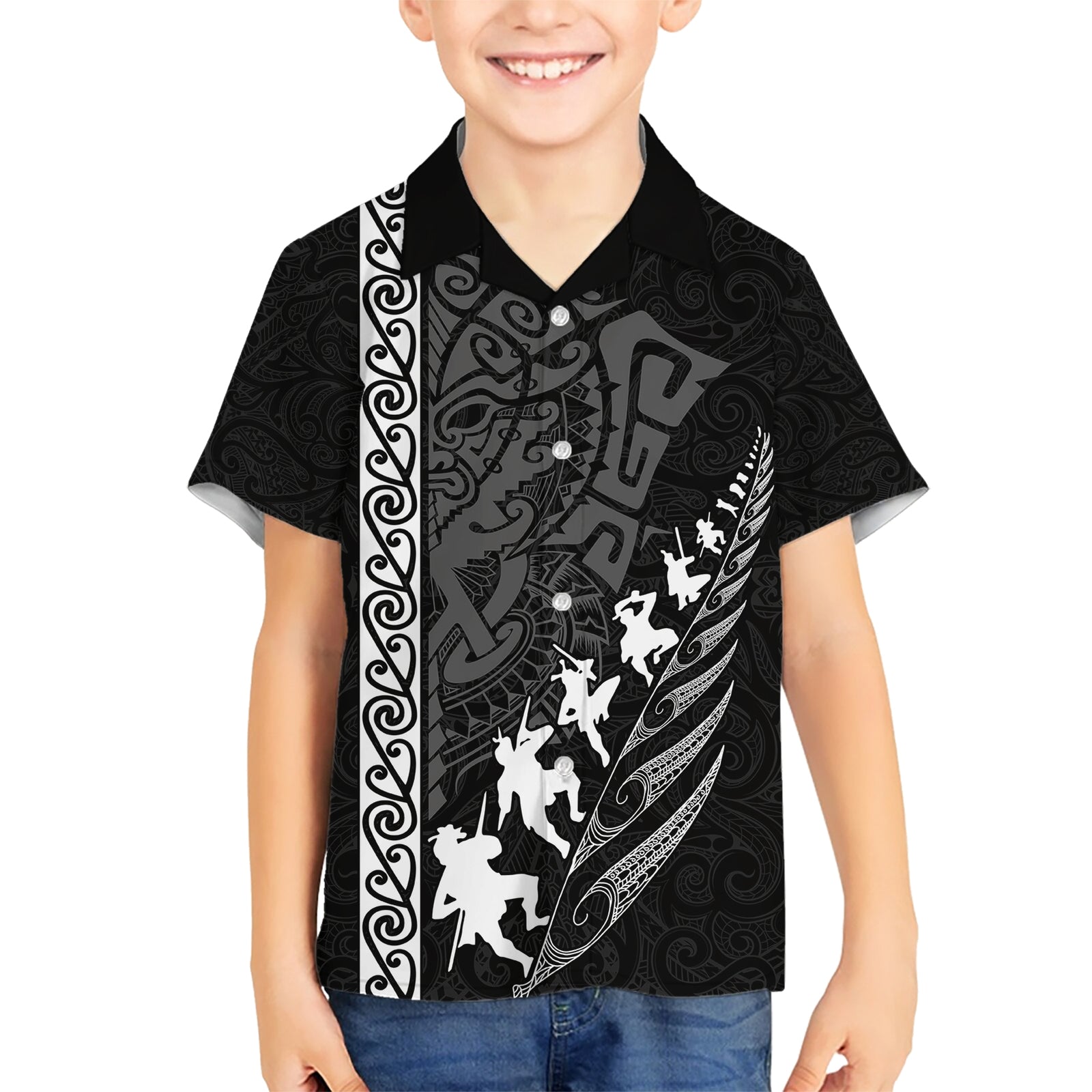 New Zealand Rugby Kid Hawaiian Shirt Haka Dance Tribal God Mask Maori Pattern LT03 Kid Black - Polynesian Pride